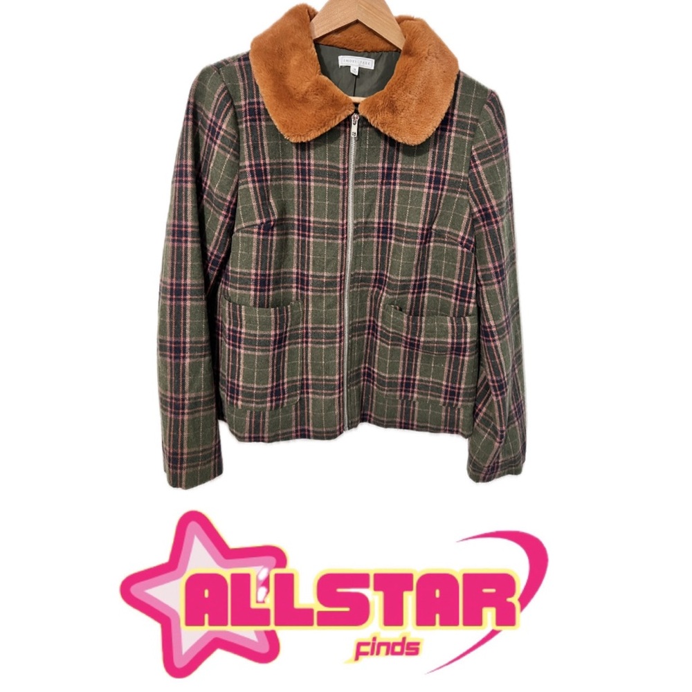 Green and pink tartan jacket with faux fur collar